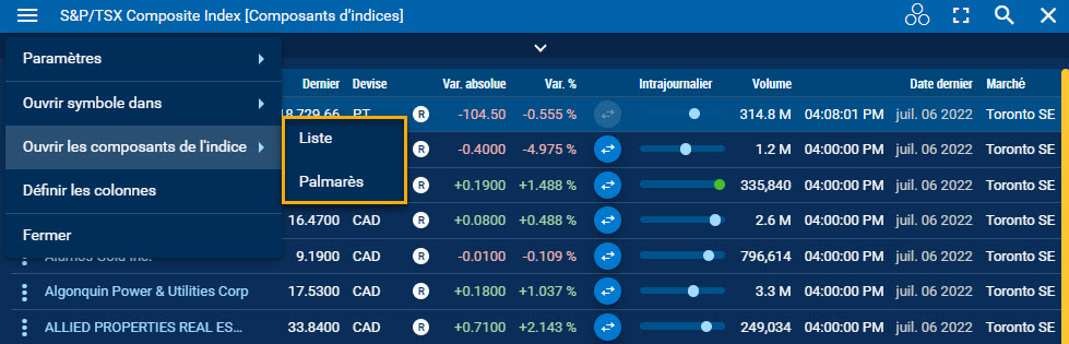 Changement d’affichage des composants d’indice à partir du menu du widget